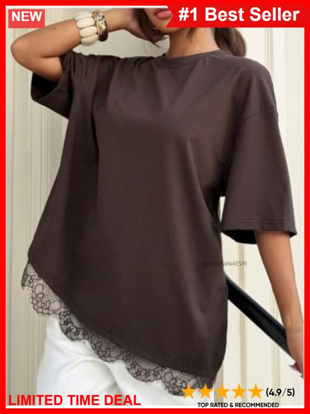 Plus Size Lace Trim Tunic T-Shirt Drop Shoulder Short Sleeve Crew Neck Top - Picture 2 of 4